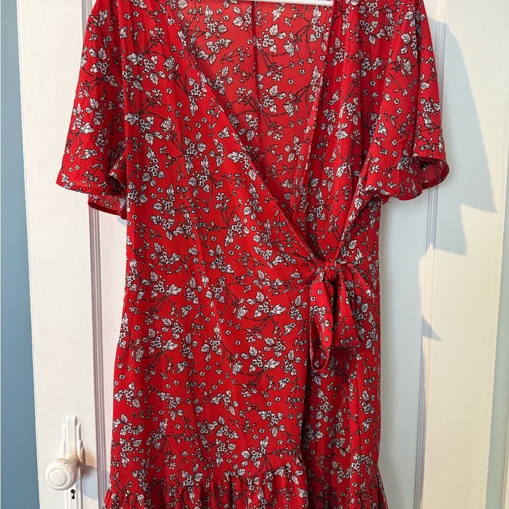 Red Floral Wrap Dress with Tie Waist